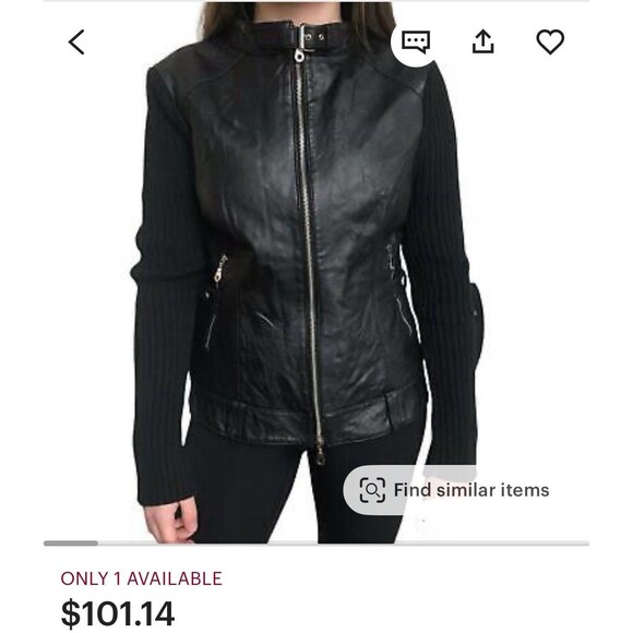 Vintage 90s Y2K Maurice Sasson Leather Biker Jacket Size L Black Ribbed Knit - Picture 1 of 11